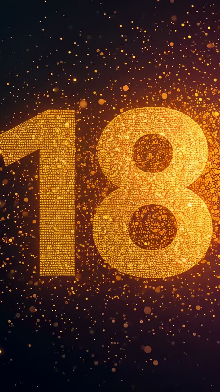 Vertical video: Playing '18' gold digits glowing, zooming right, firing sparks in studio for reveal