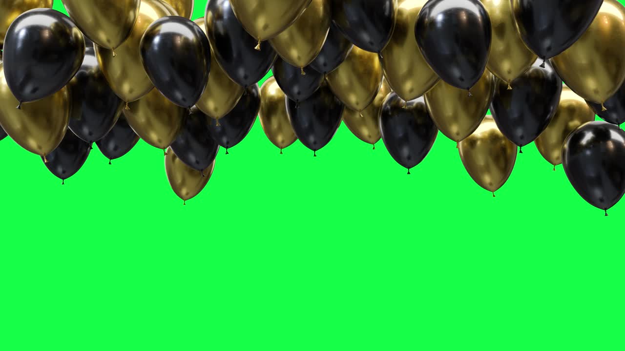 Globos dorados y negros en el techo sobre un fondo de pantalla verde