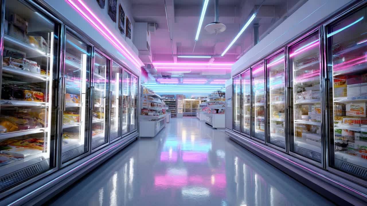 A Brightly Lit Aisle of an Iridescent Supermarket, Showcasing Rows of Freezer Sections Filled with Colorful Frozen Food Products and Illuminated by Vibrant Neon Lights for an Eye-Catching Shopping Experience