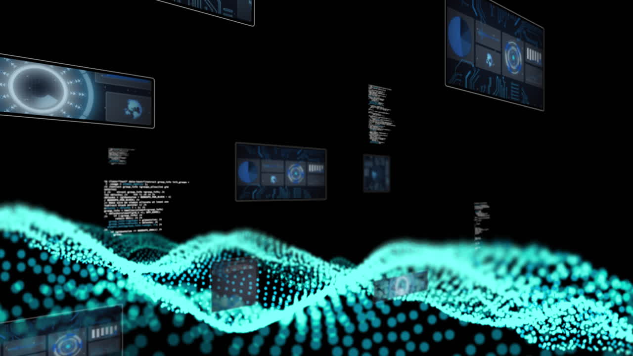 Animation of scopes scanning and data processing on dark background