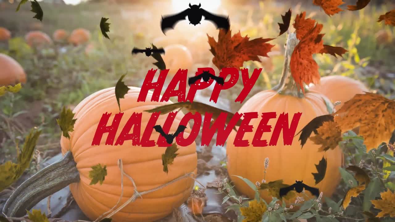 animación de saludos de halloween, hojas flotantes y murciélagos con calabazas en el fondo