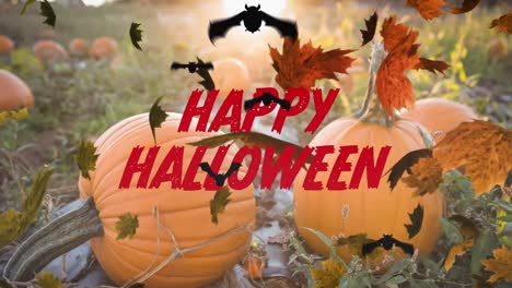 Animation-of-halloween-greetings,-floating-leaves-and-bats-with-pumpkins-in-background