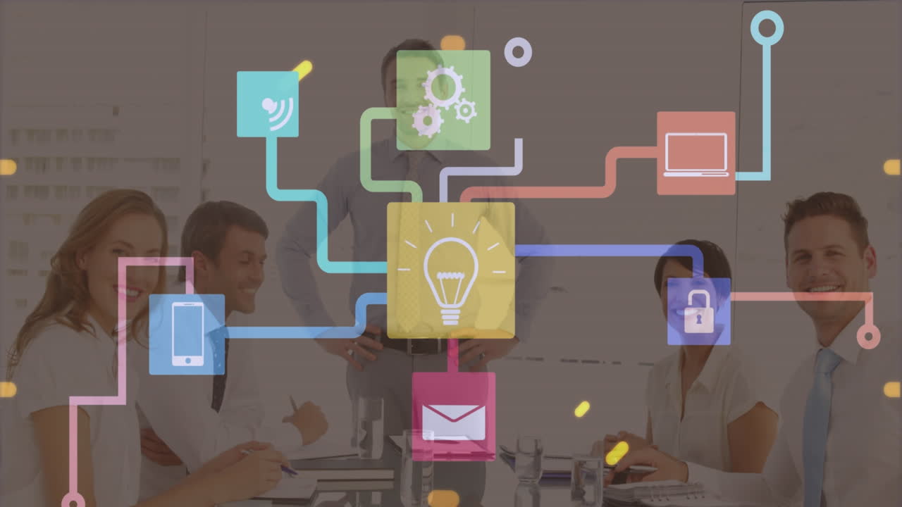 animación de una red de iconos digitales sobre diversos empresarios sonriendo juntos en la oficina