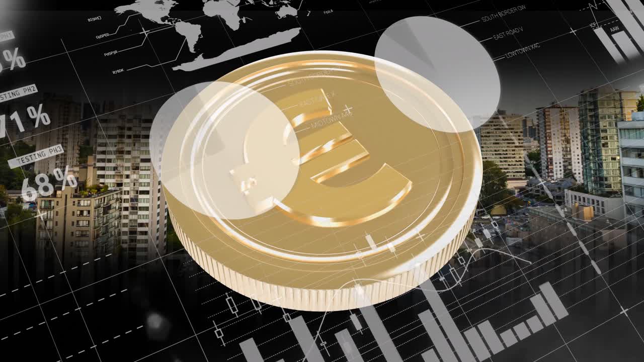 animación del procesamiento de datos financieros sobre monedas de oro en euros