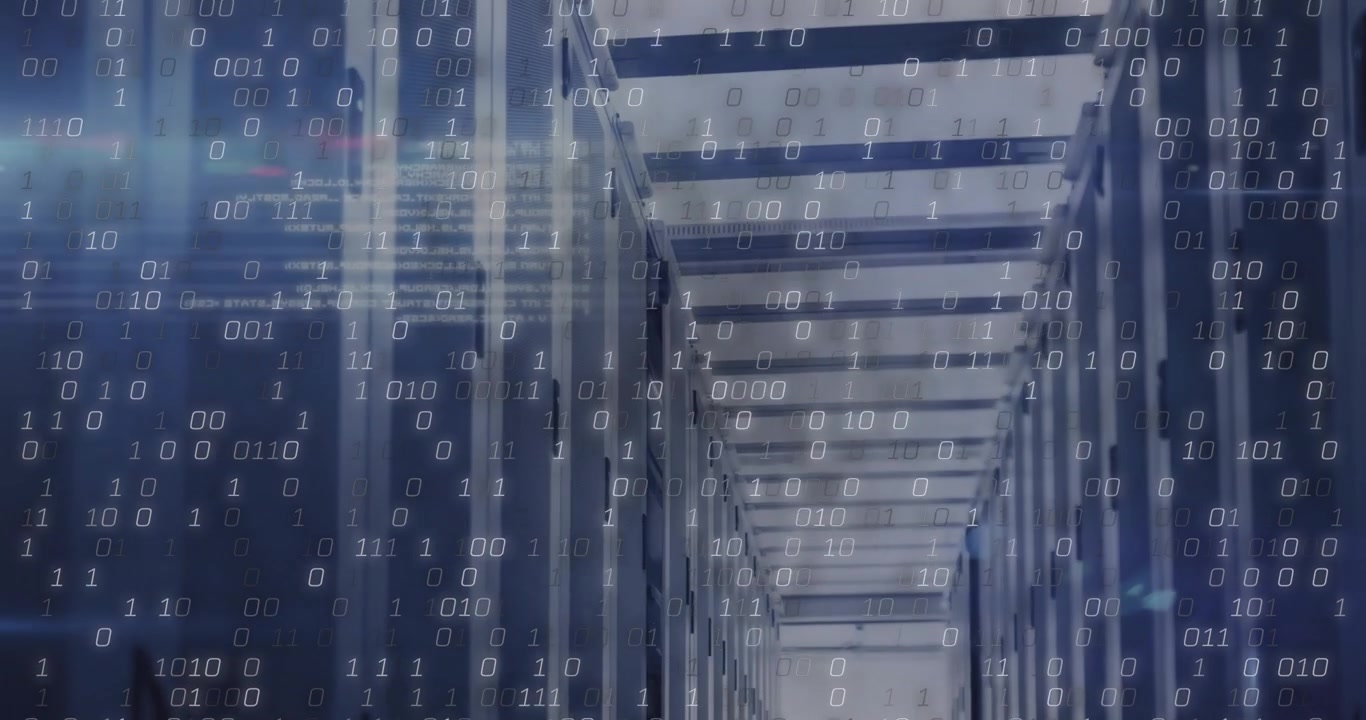 When binary digits appearing triggers camera advancing down server aisle visualizing data flow