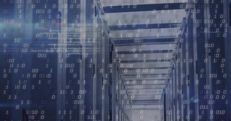When binary digits appearing triggers camera advancing down server aisle visualizing data flow