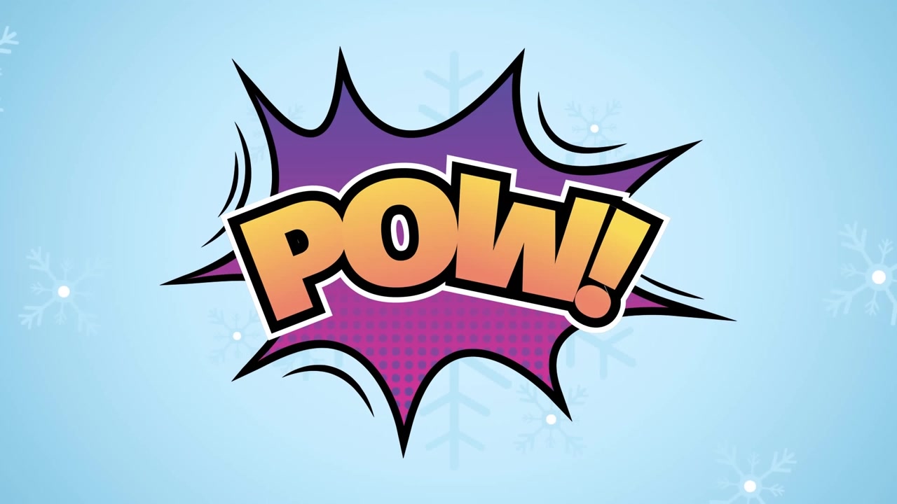 Animation af "pow"-tekst over retro taleboble og snefnug på blå baggrund