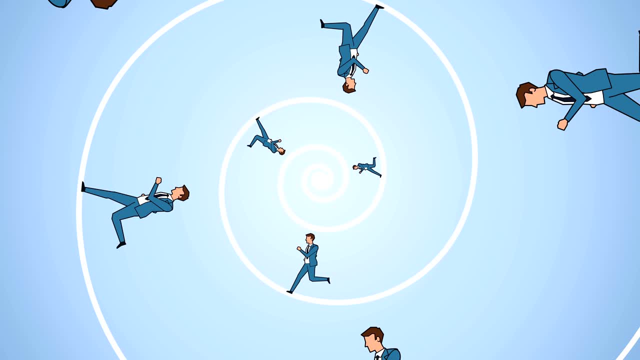 평평한 만화 사업가 캐릭터가 나선형으로 달리고 있습니다.