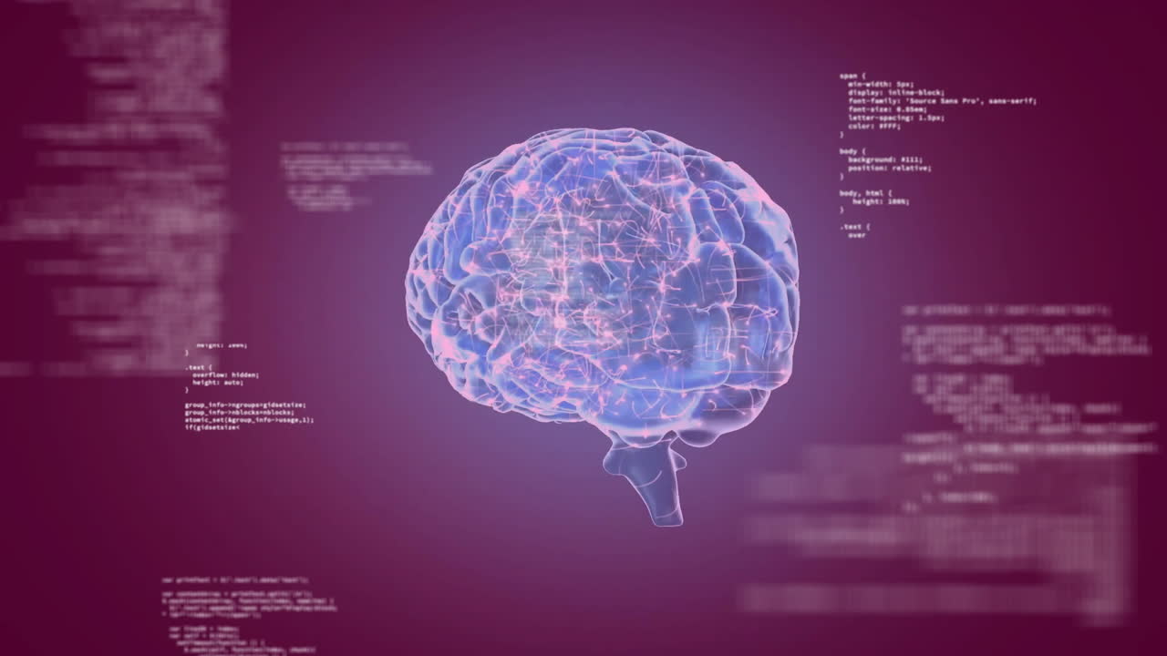 뇌와 분홍색 배경 위의 데이터 처리의 애니메이션