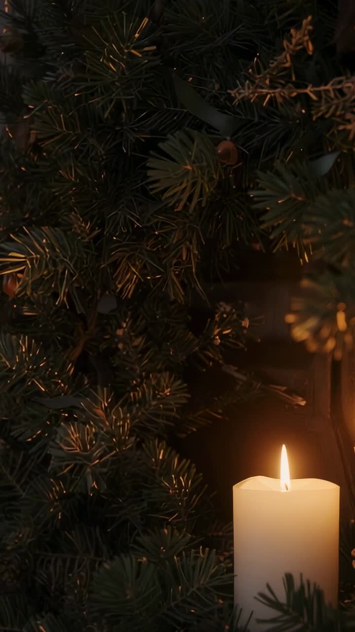 Vertical video: Flickering white pillar candle illuminating mantel with pine branches, copy space