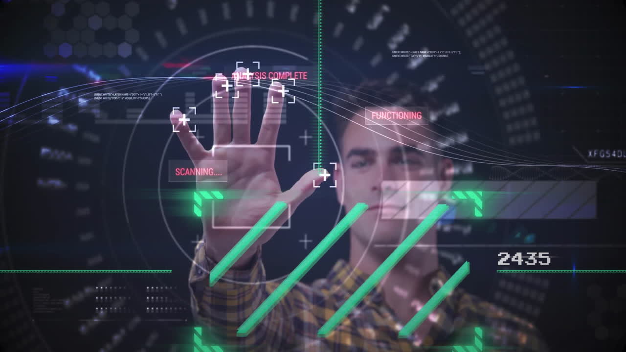 Interacting with animation, man using futuristic biometric scanning interface