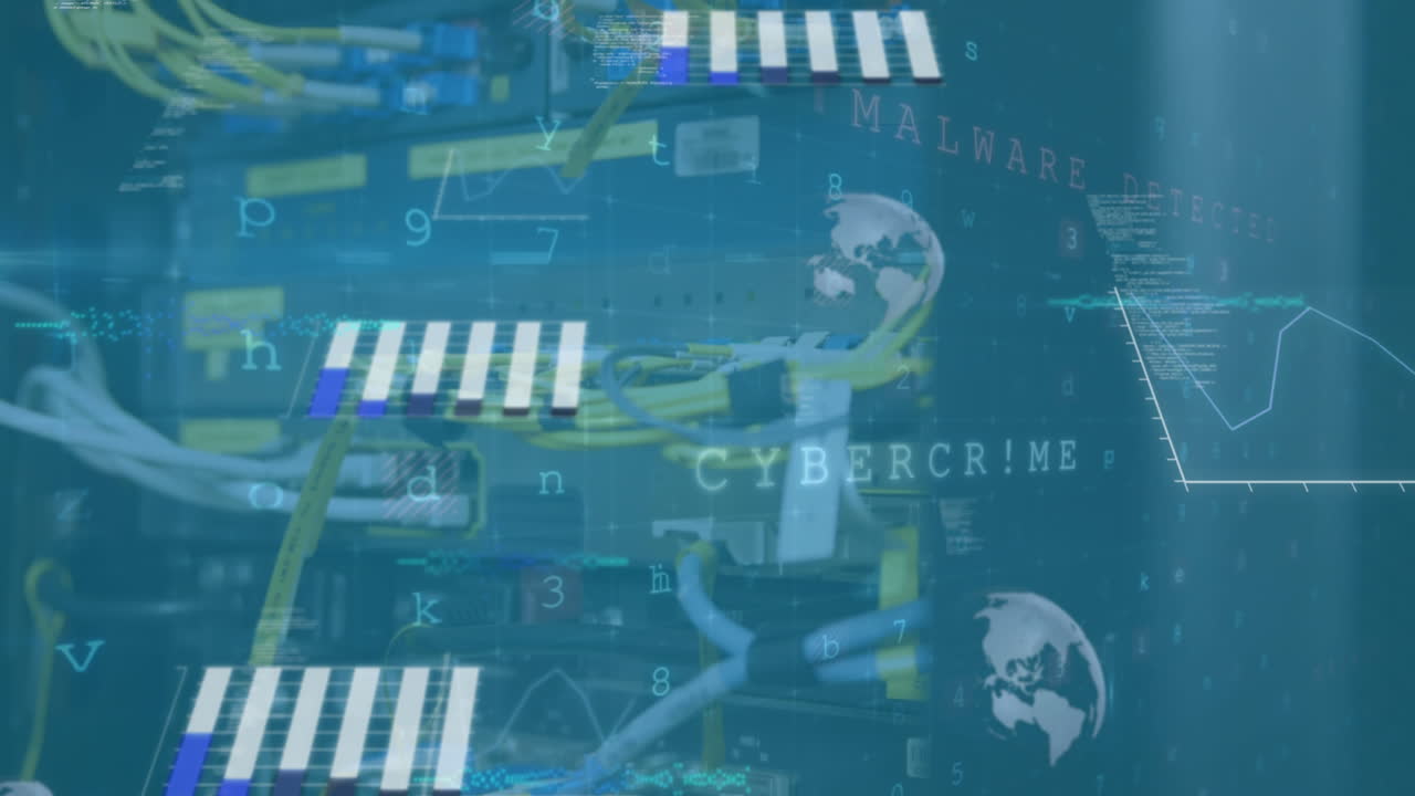 컴퓨터 서버의 클로즈업에 대한 통계 및 사이버 보안 데이터 처리의 애니메이션