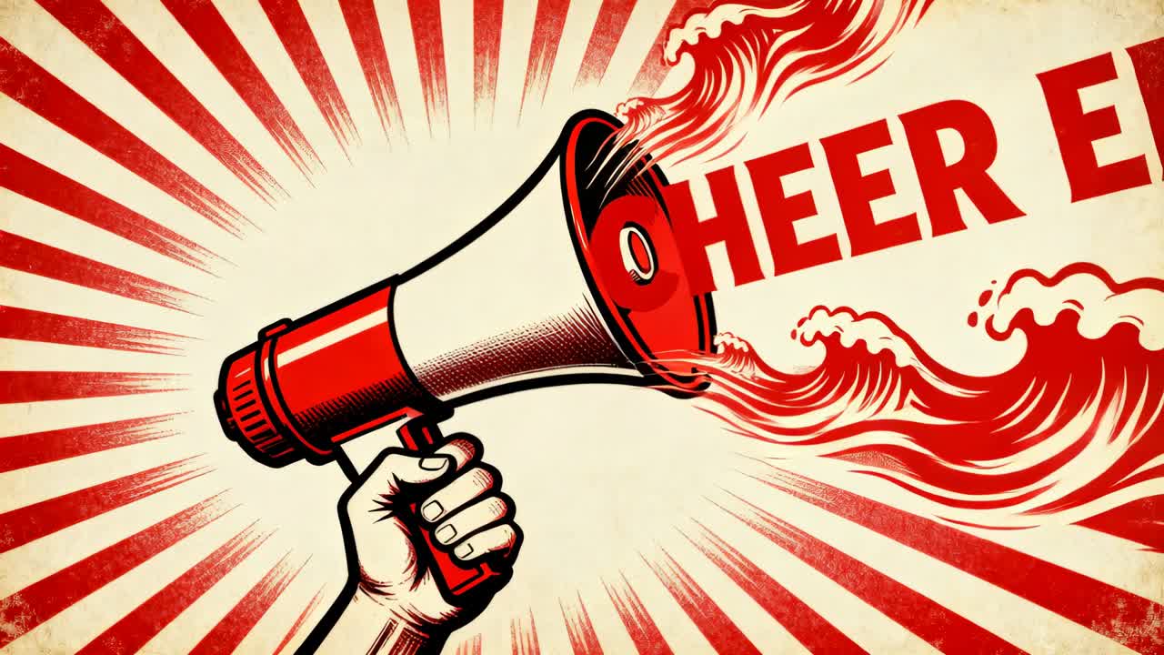 Megafono rosso proiettato, stretto da una mano, che inizia a creare onde crescenti, rivelando la scritta "CHEER" su un poster retrò.