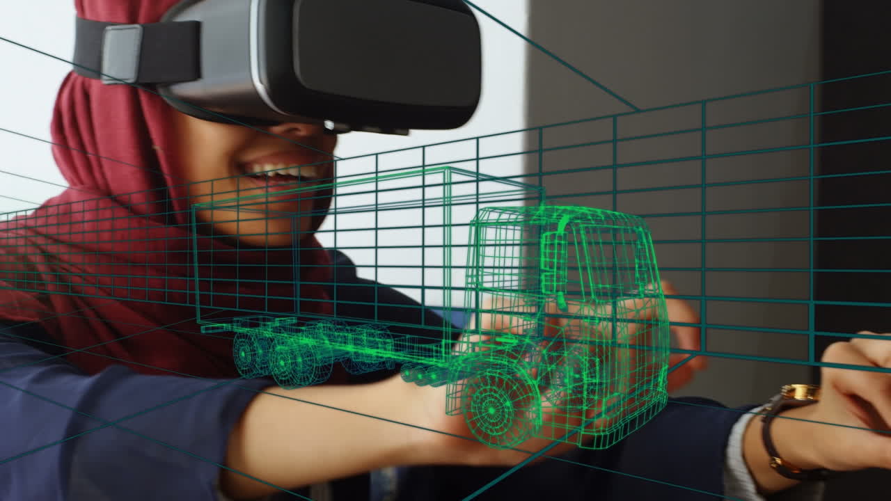 Animation of digital 3d drawing of car over woman using vr headset