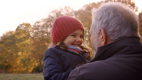 abuelo caminando con su nieta en el campo de otoño