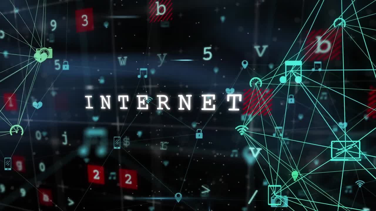 텍스트, 글자, 기호 및 숫자 위에 지구를 형성하는 연결된 아이콘의 애니메이션