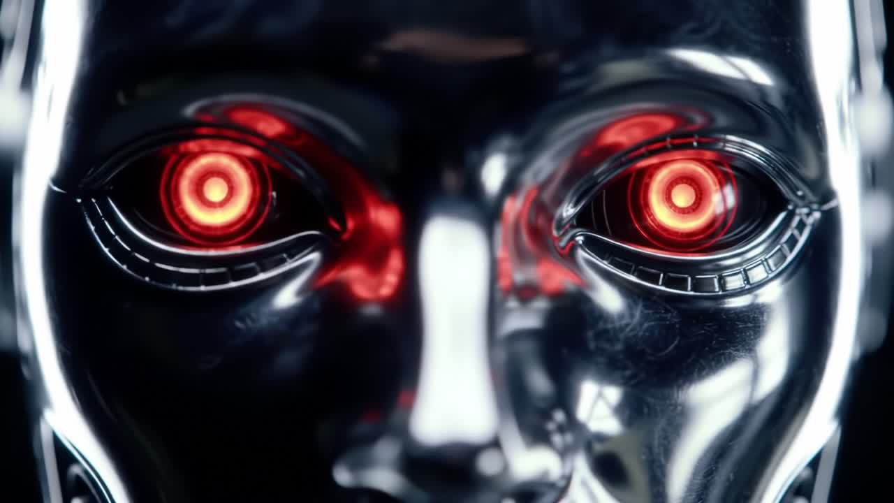 Close-Up Glimpse of a Futuristic Cybernetic Entity with Emphasized Red-Illuminated Optical Sensors and Shiny Chrome Exterior, Exploring Themes of Advanced Robotics and Artificial Intelligence