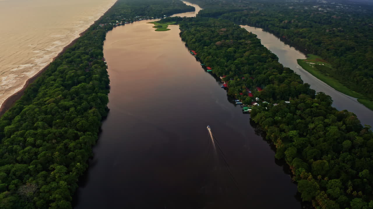 Aerial drone shot over Tortuguero National Park in Costa Rica at sunset. Scenic warm colors. Soft lights. High view of the tropical forest.