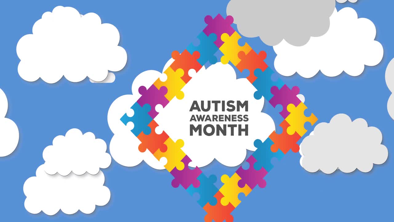 Animazione del testo "mese della consapevolezza sull'autismo" in una cornice formata da pezzi di puzzle sopra nuvole su cielo blu.