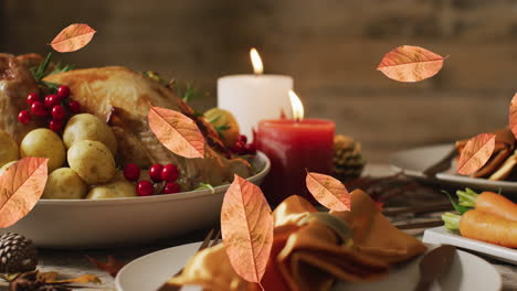 Animation-of-autumn-leaves-falling-over-thanksgiving-dinner-background