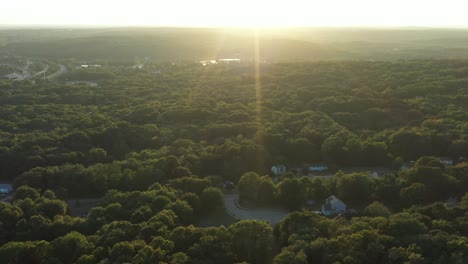 trucking shot in the bright summer sunset over a forested rural area of the northeastern usa, with intense lens flare
