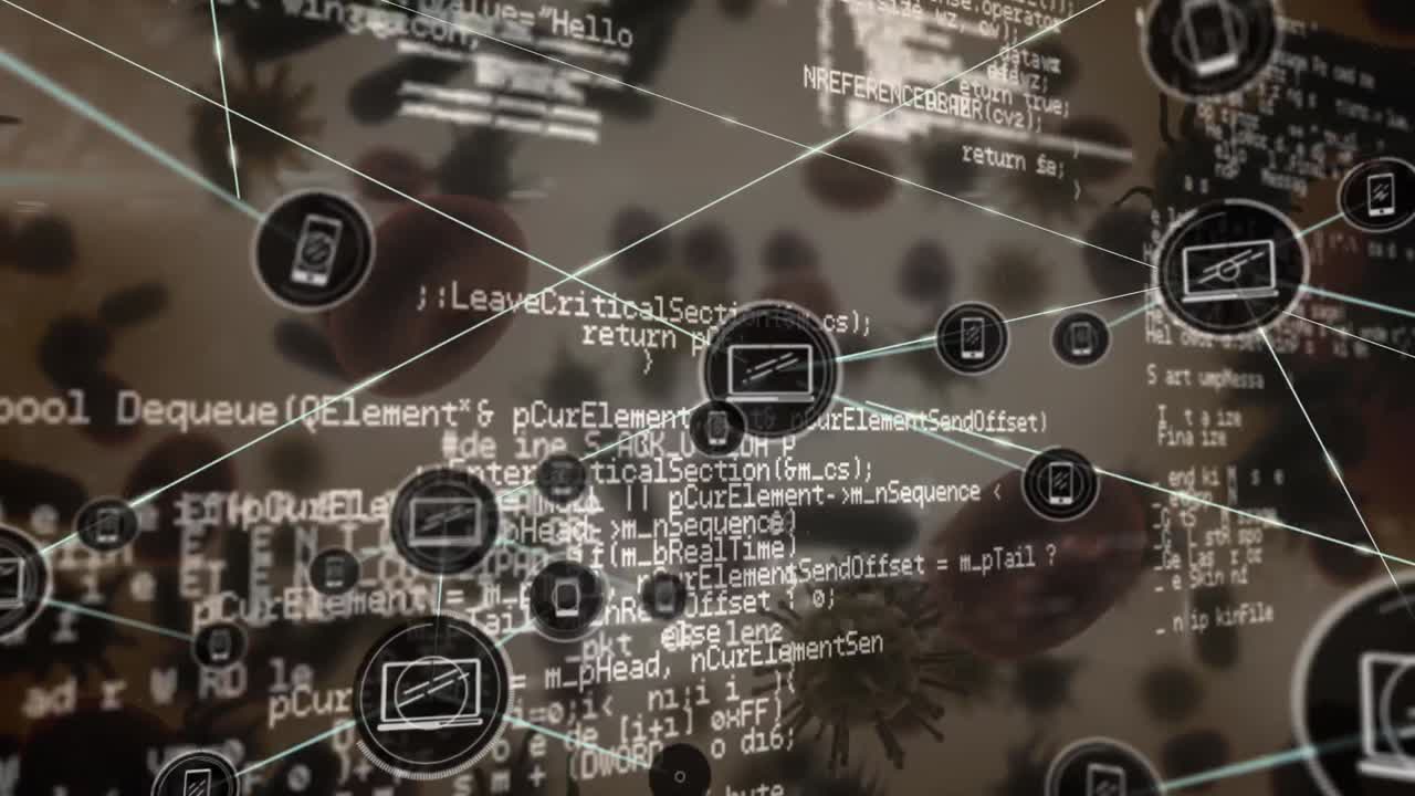 animación de la red de conexiones con iconos de medios sobre las células del virus