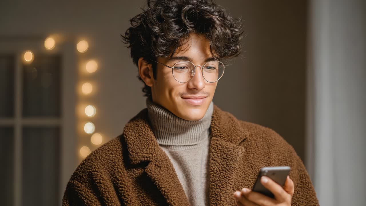 A young man dressed in a cozy brown coat and turtleneck sweater smiles while looking at his smartphone, surrounded by soft, ambient lighting and a warm atmosphere