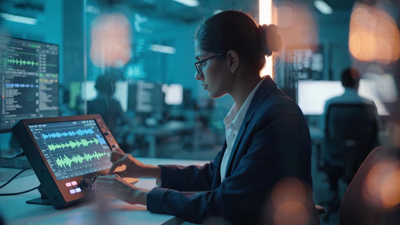 Focused data analyst working intently at a high-tech monitor in a dimly lit office, analyzing complex graphs and patterns, showcasing her expertise in data management.