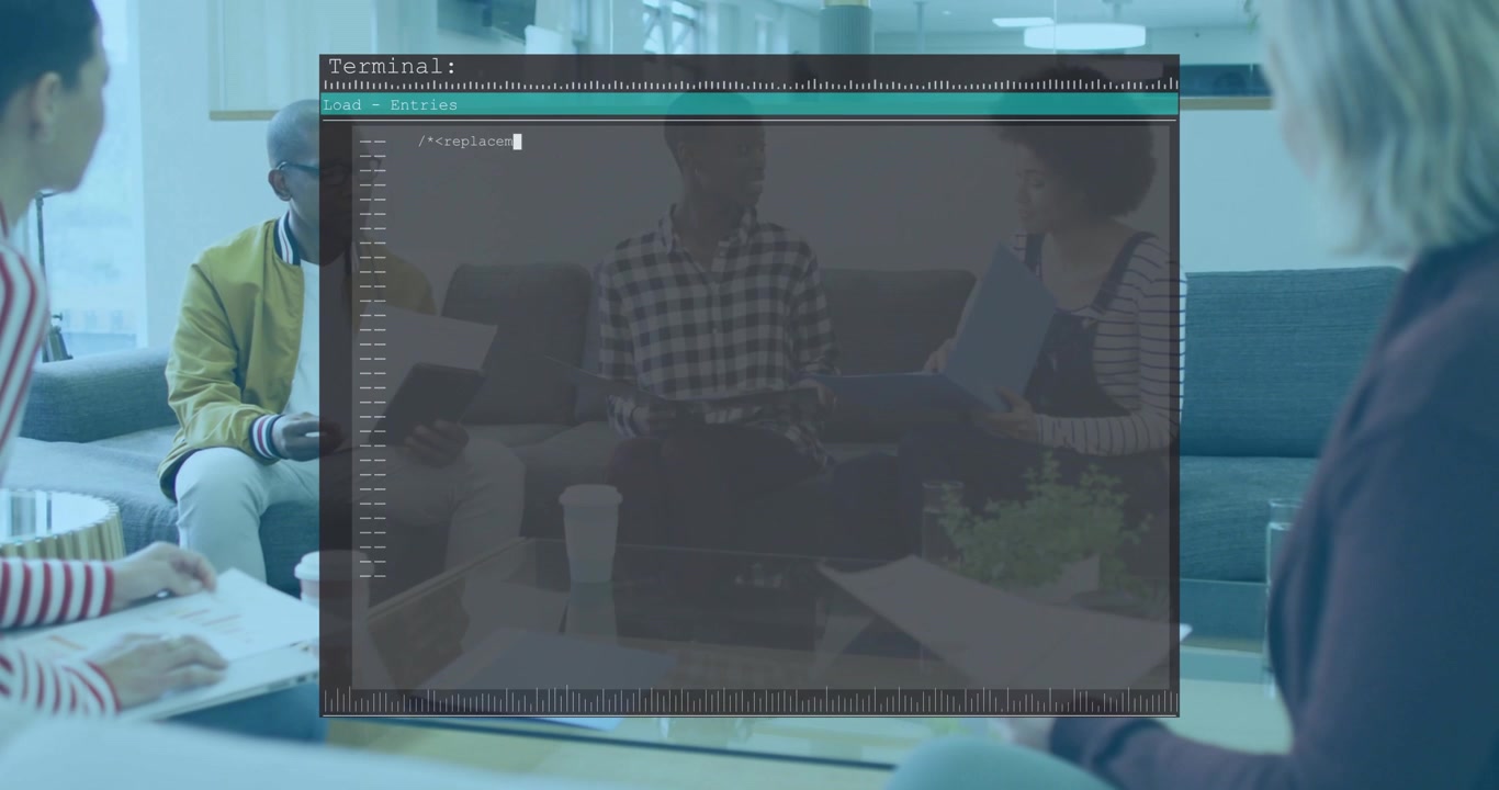 Team sitting at glass table, woman opening blue file starting terminal, code scrolling for review