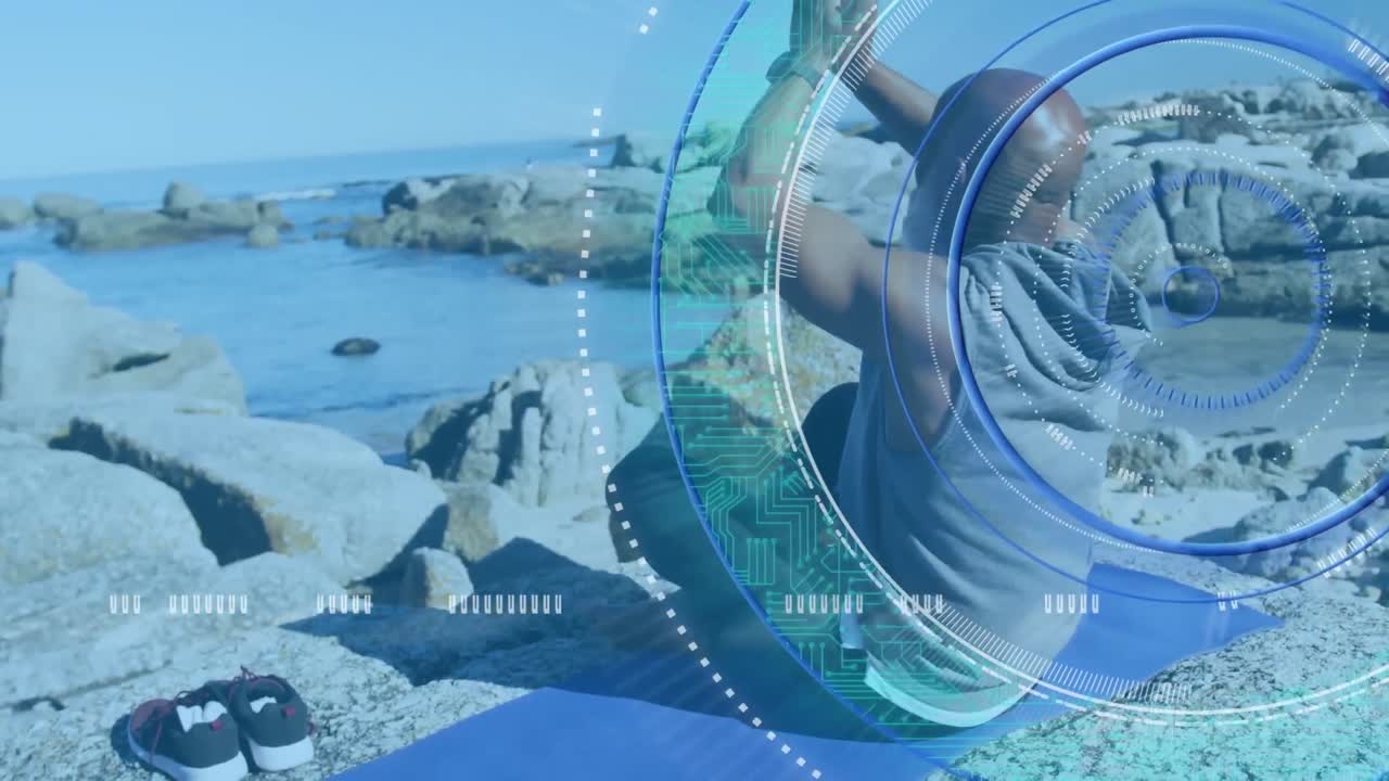 바다에서 요가를 연습하는 적합한 아프리카계 미국인 고령자의 회전 원의 애니메이션