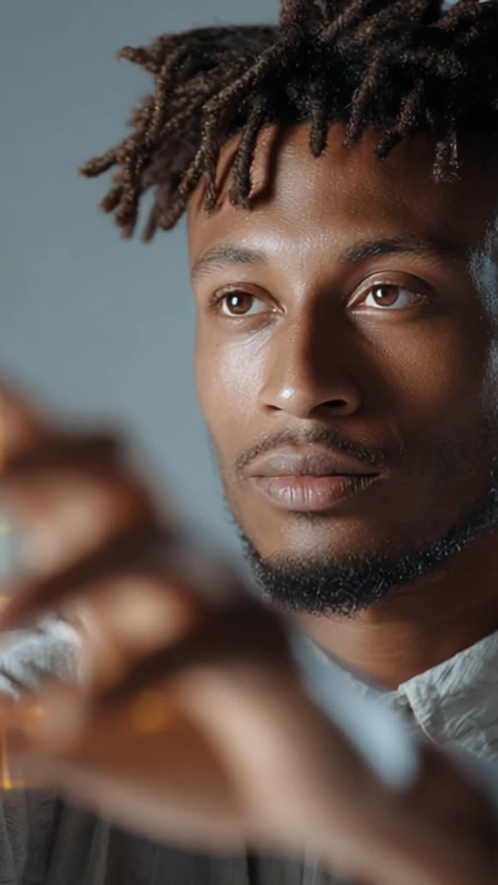 Engaging Close-Up of a Thoughtful Individual Interacting with a Futuristic Holographic Interface Displaying a Global Map Representation