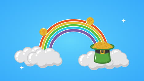 tarjeta animada del día de san patricio con arco iris y sombrero de elfo del tesoro