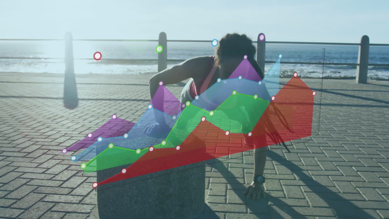 Animation of statistics and graphs over woman exercising on promenade by the sea