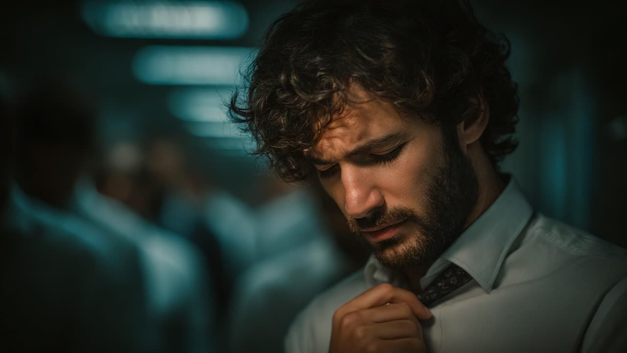 A Brooding Man in a Dimly Lit Corridor Reflects on his Life Decisions While Adjusting his Tie, Surrounded by a Sea of Indistinct Figuress in Similar Attire