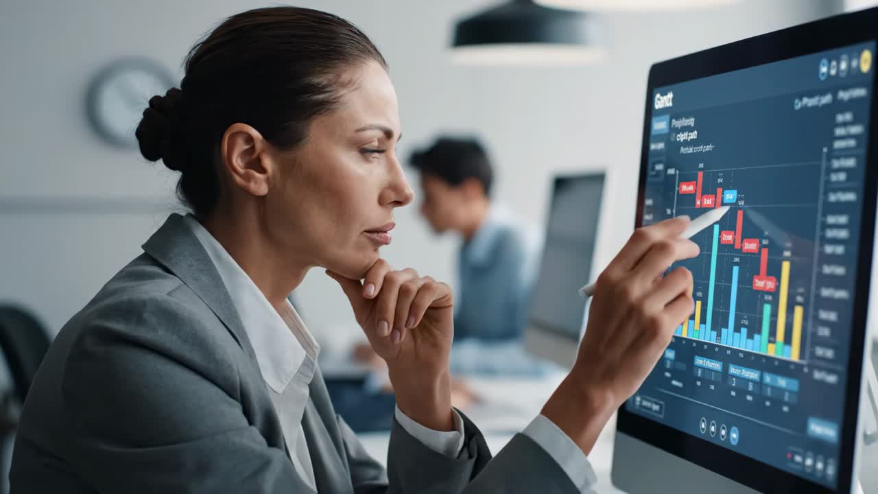 Businesswoman Analyzing Gantt Chart on Computer