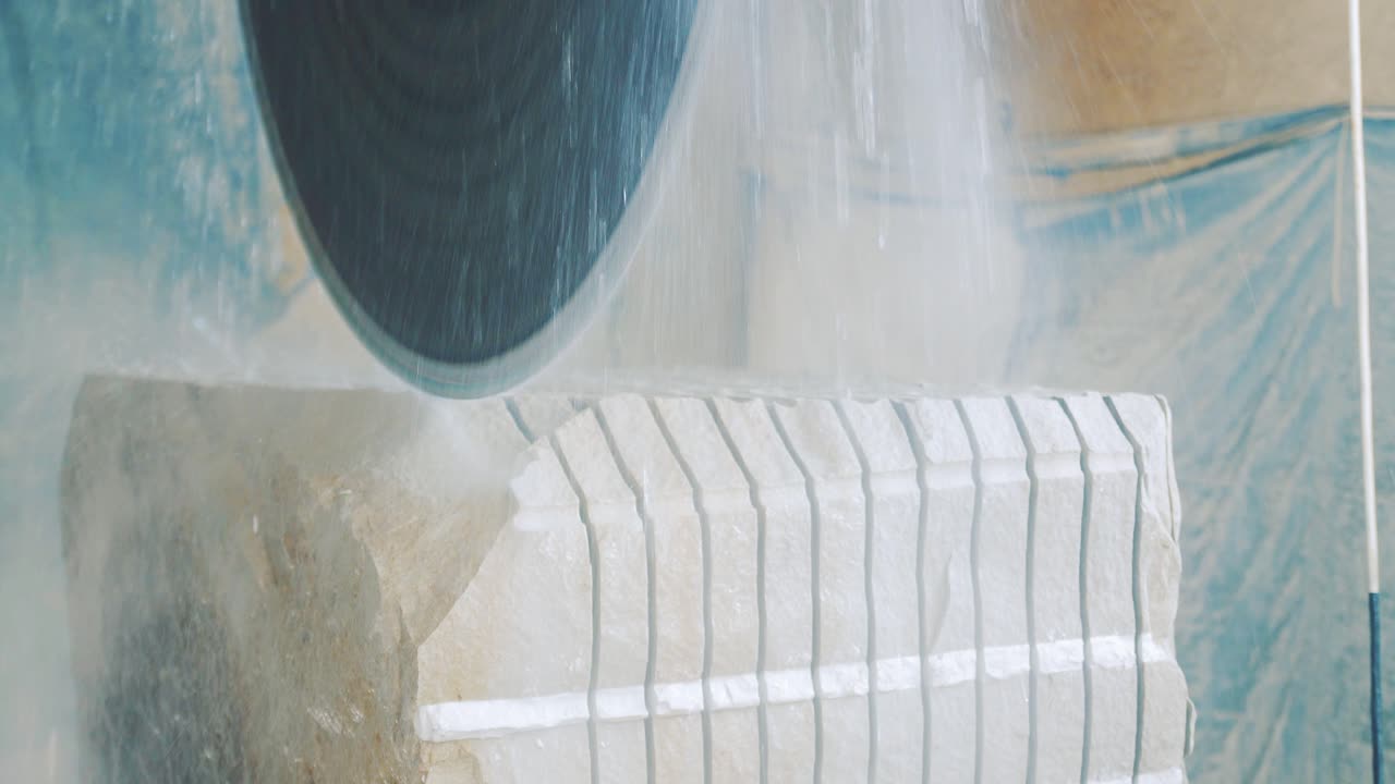 A large circular saw with water cuts the sandstone into individual slabs. Factory of products from a natural stone