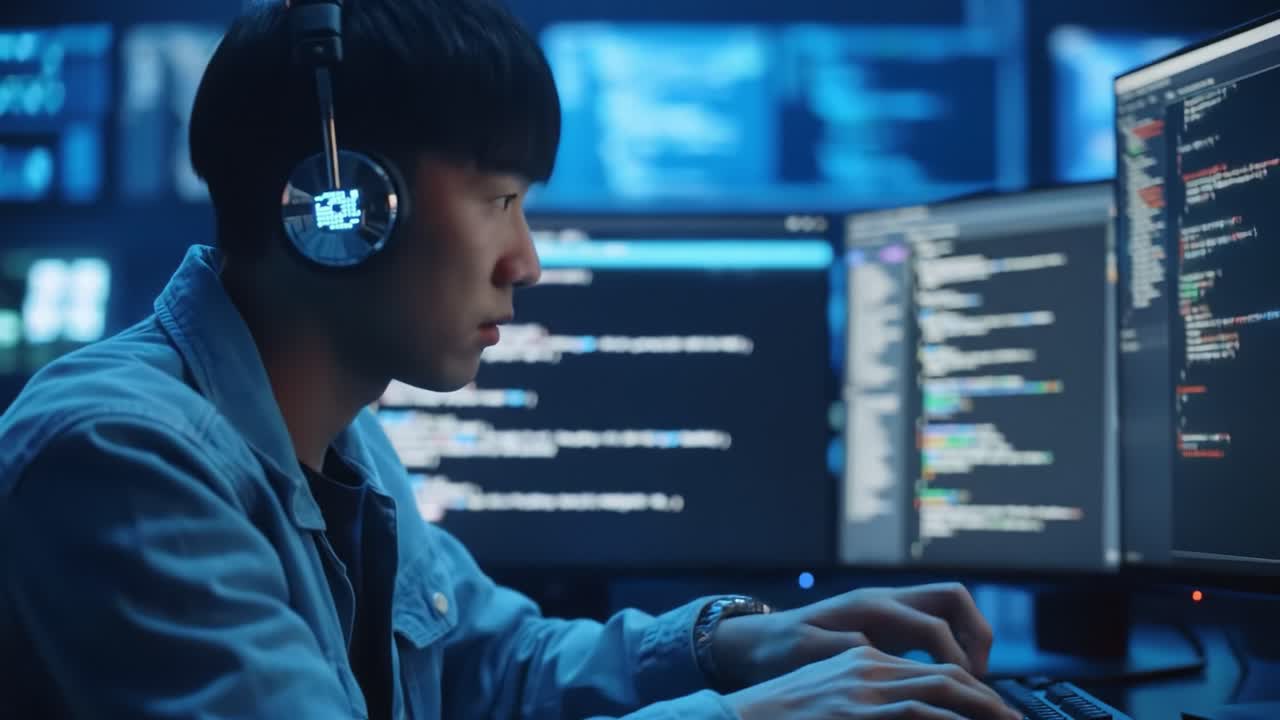 Focused Programmer Working on Multiple Monitors Surrounded by Code and Cyber Elements, Deep in Thought While Analyzing Data and Implementing Solutions