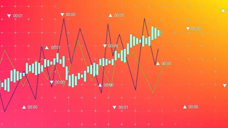 animation of statistical data processing against pink and yellow gradient background