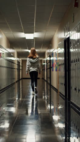 student walking down a school hallway