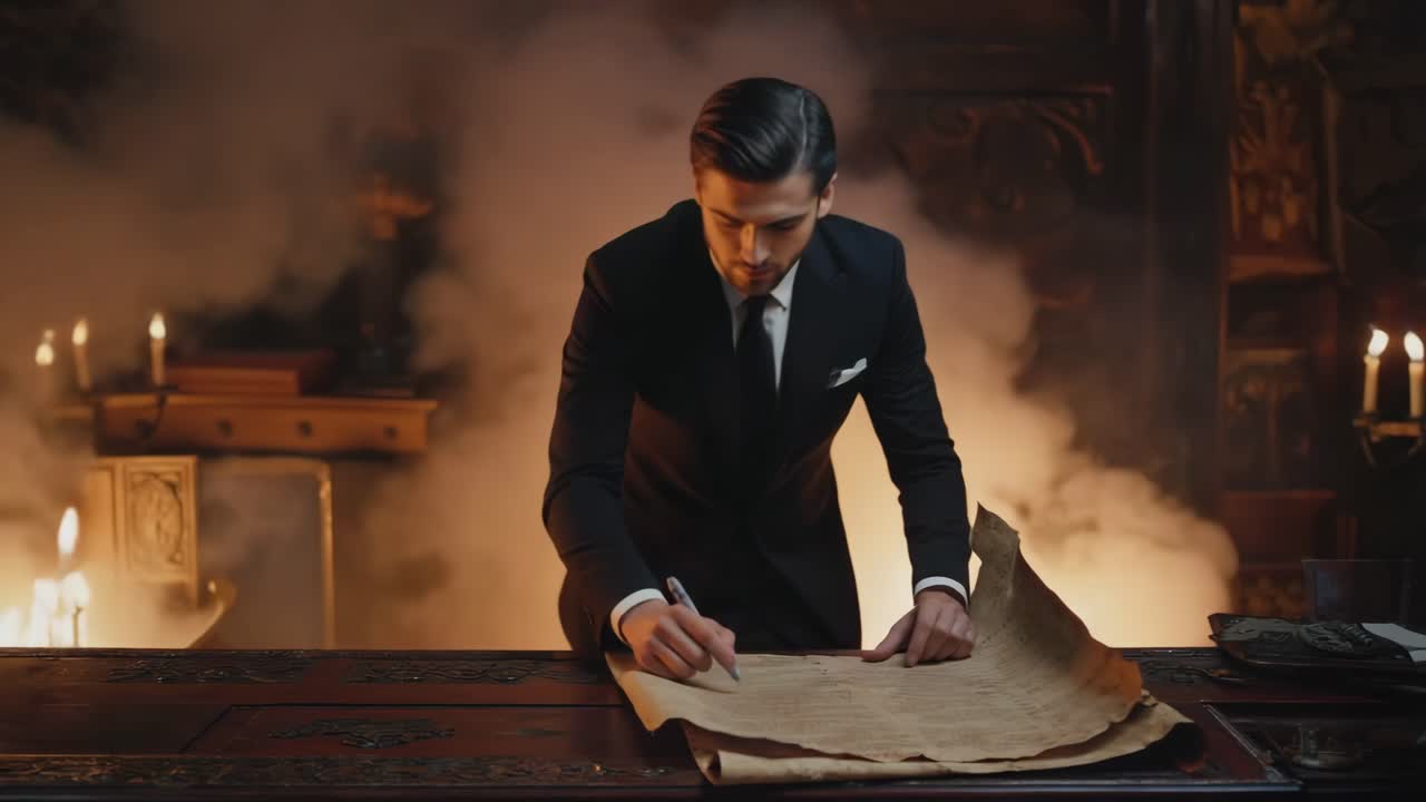 Man signing a document in a smoky room