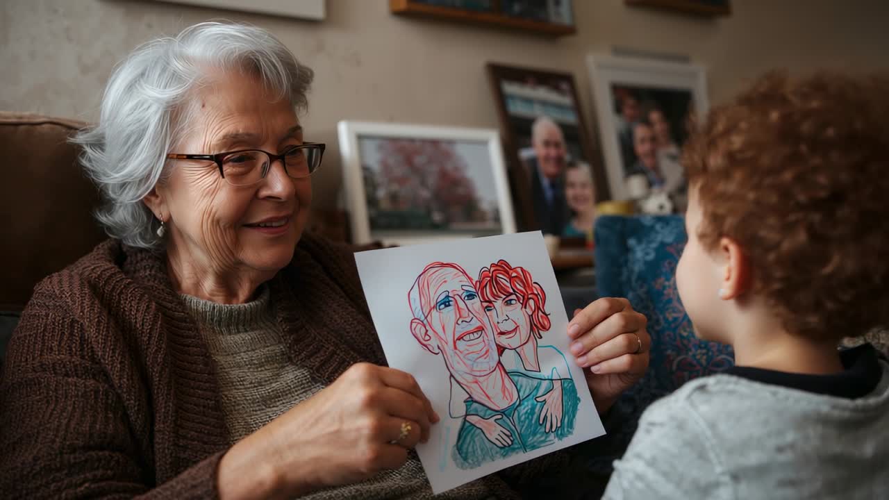 Verticale video: Toont oudere vrouw met bril en gebreide trui die een tekening aan een kind vasthoudt op de bank.