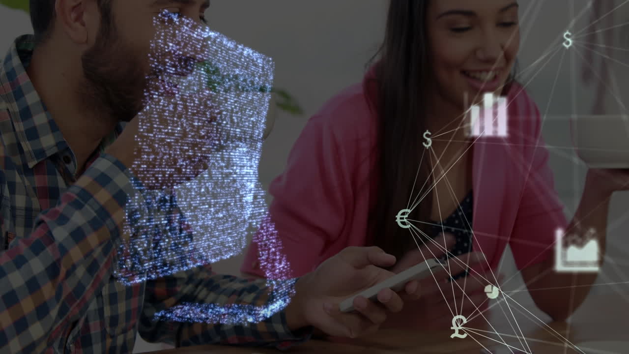 animación de la red de conexiones con iconos sobre una pareja biracial bebiendo café