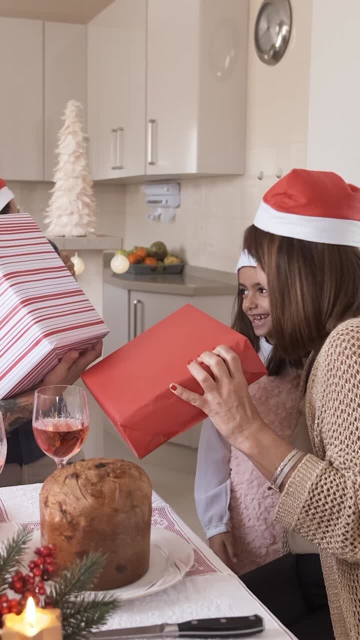 Lesbian couple in santa hat drinking wine while kids carrying christmas gifts at home
