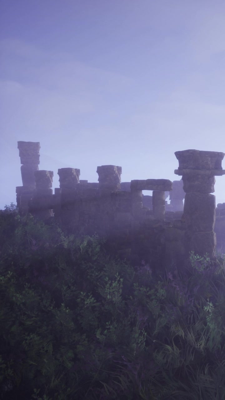 Ruinas en la niebla en un sitio histórico al amanecer con luz suave.