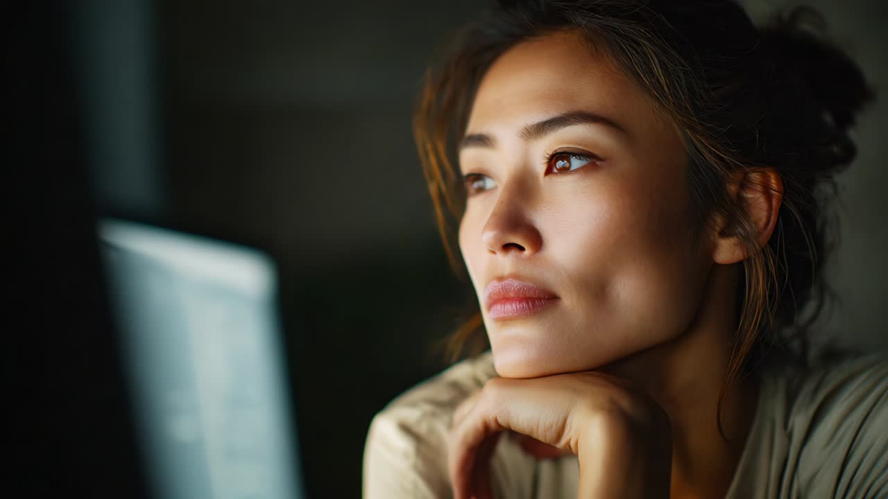 Contemplative Female Portrait Captured in Two Stages: Deep Reflection and Introspection in a Softly Lit Environment, Highlighting Thoughtfulness and Serenity with a Focus on Facial Expressions