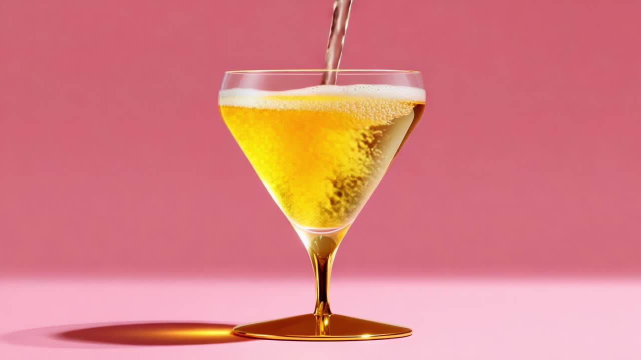 A Glimpse of Elegance: Sparkling Beverage Being Poured into a Stylish Glass Against a Soft Pink Background, Capturing the Bubbly Texture and Golden Hue of a Refreshing Drink Experience