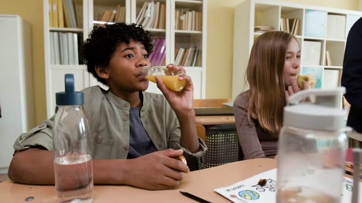 Elever, der drikker og spiser ved deres pulte i et klasseværelse.