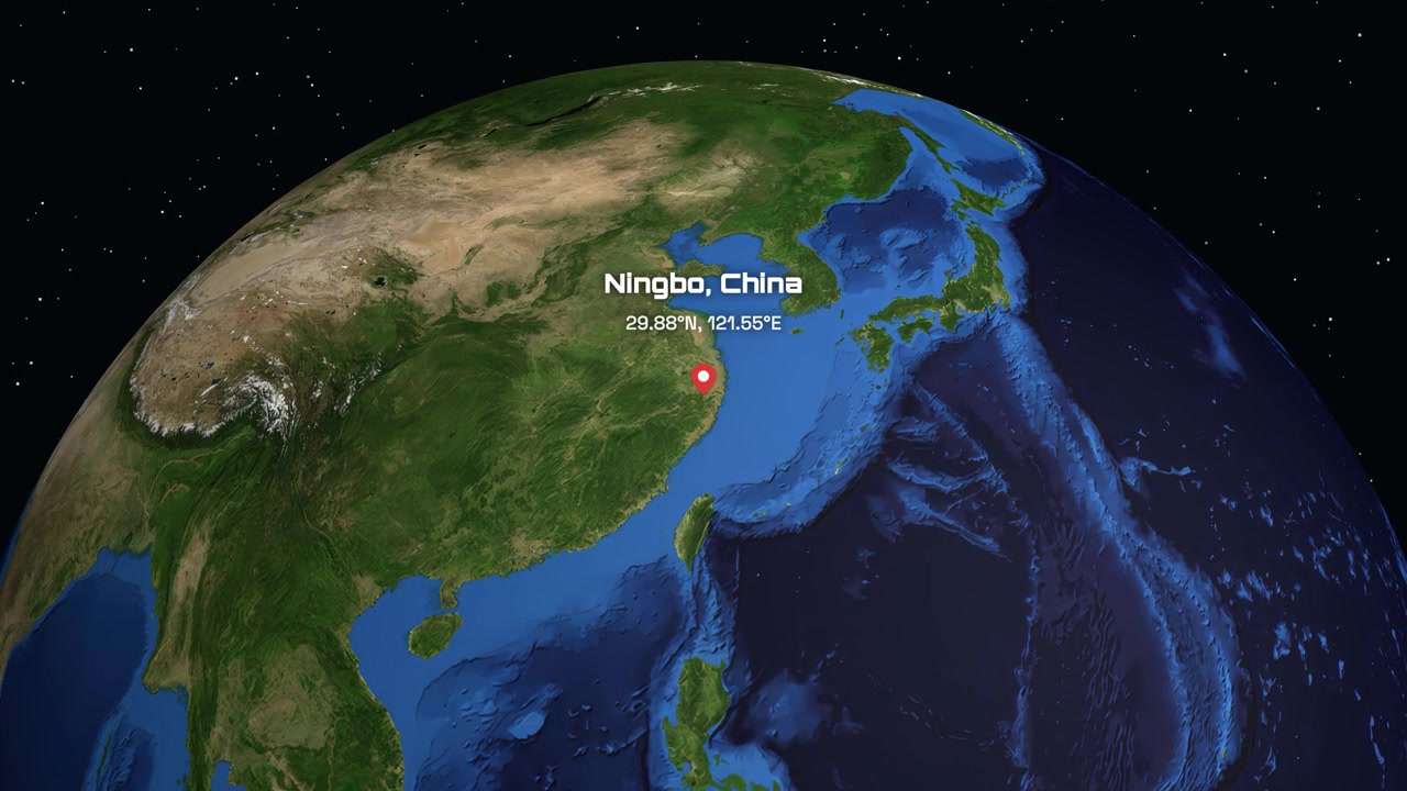 Digital animation zooms from deep space to a specific coordinate marker in Ningbo China
