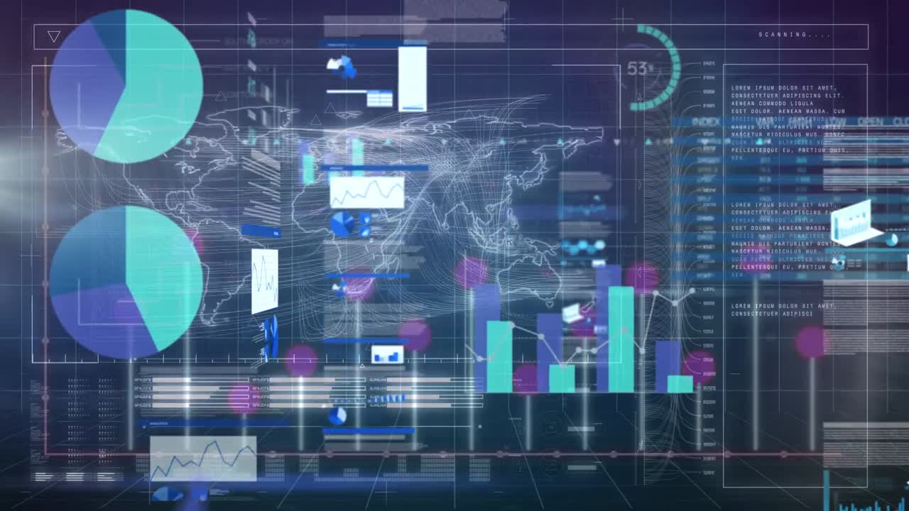 animación del procesamiento de datos sobre el mapa del mundo sobre fondo negro