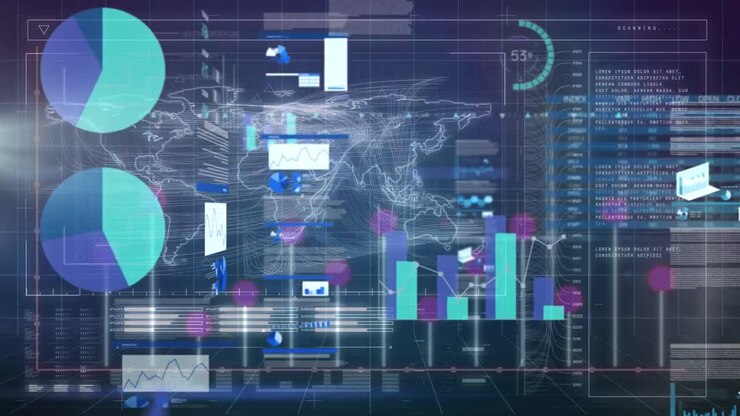 Animation of data processing over world map on black background